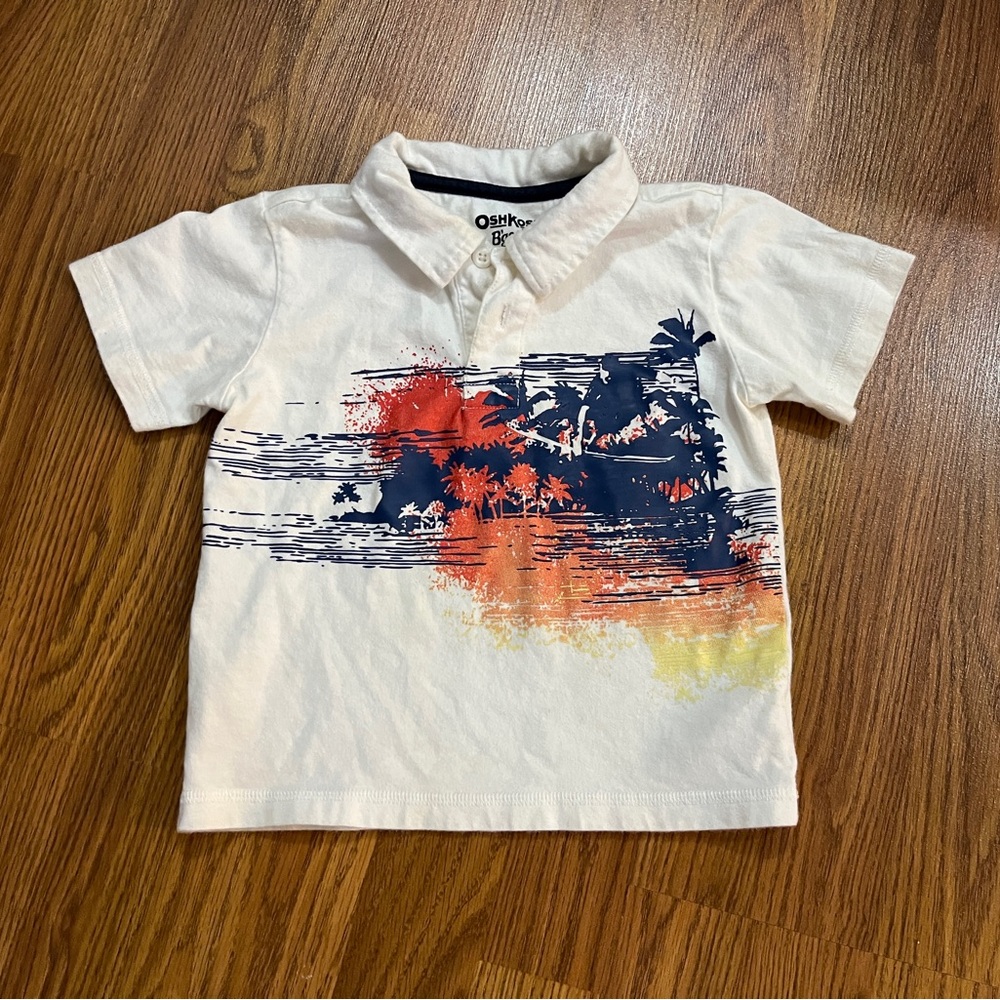 OshKosh B’gosh boys size 2 short sleeve polo, tropical graphic, white